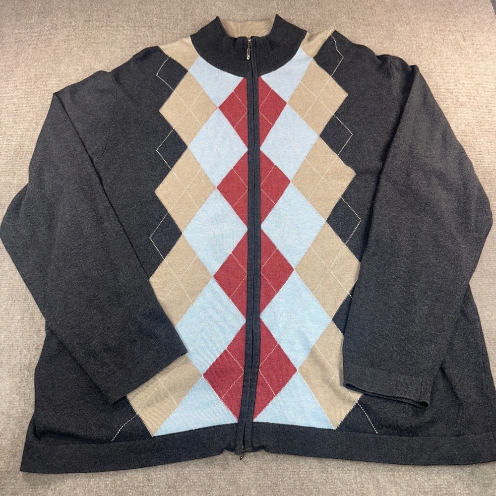 Toscano Italy Mens XL Argyle Full Zip Cardigan Sweater Gray Blue Cotton Rayon